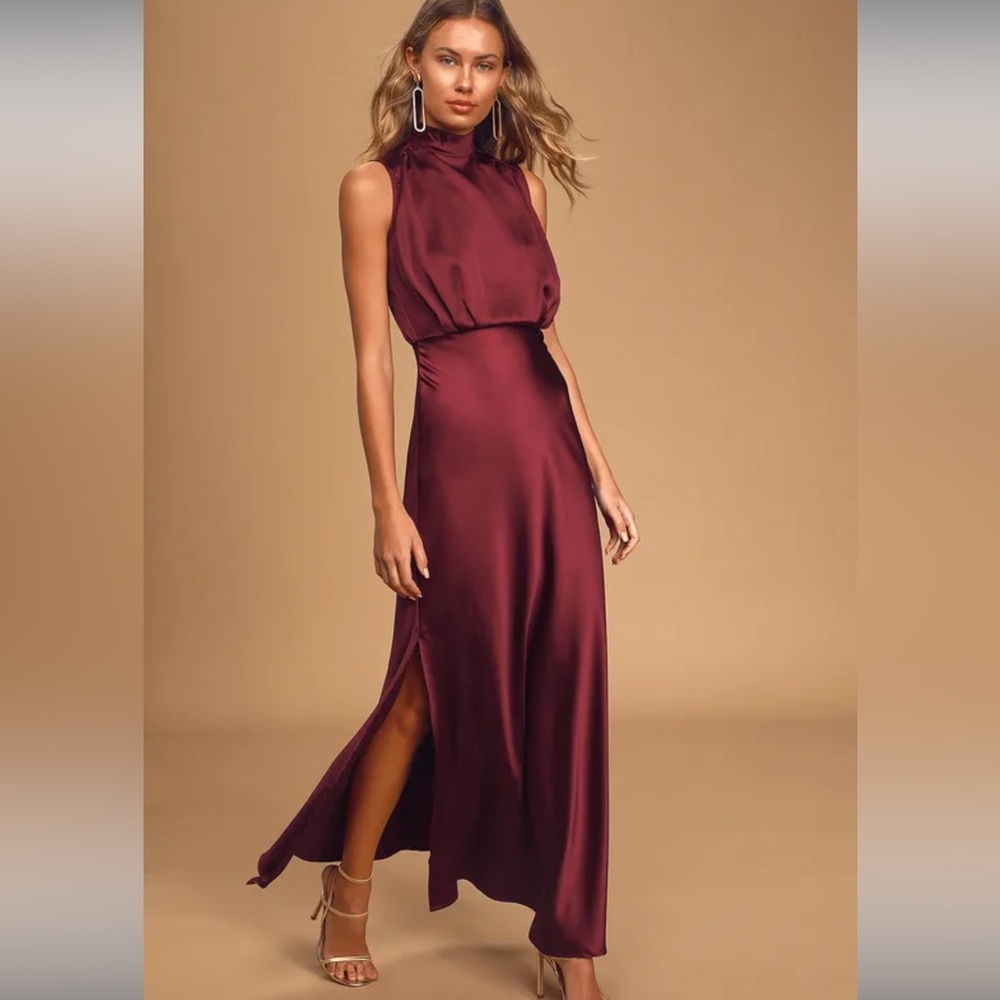 ⭐️Lulu’s | Classic Elegance Wine Satin Maxi Dresss | XS